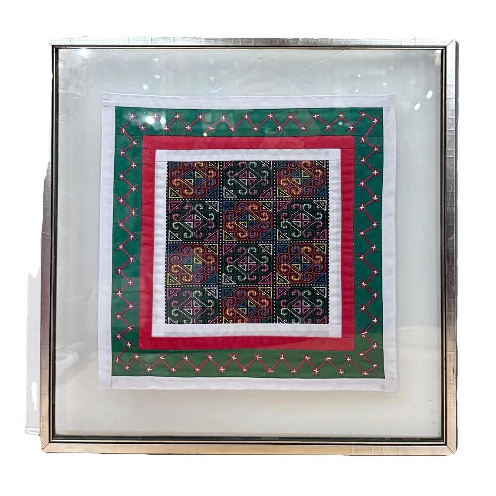 Vintage Oroginal Needlepoint Quilt Square Glass Framed 17x17 in.  1980s
